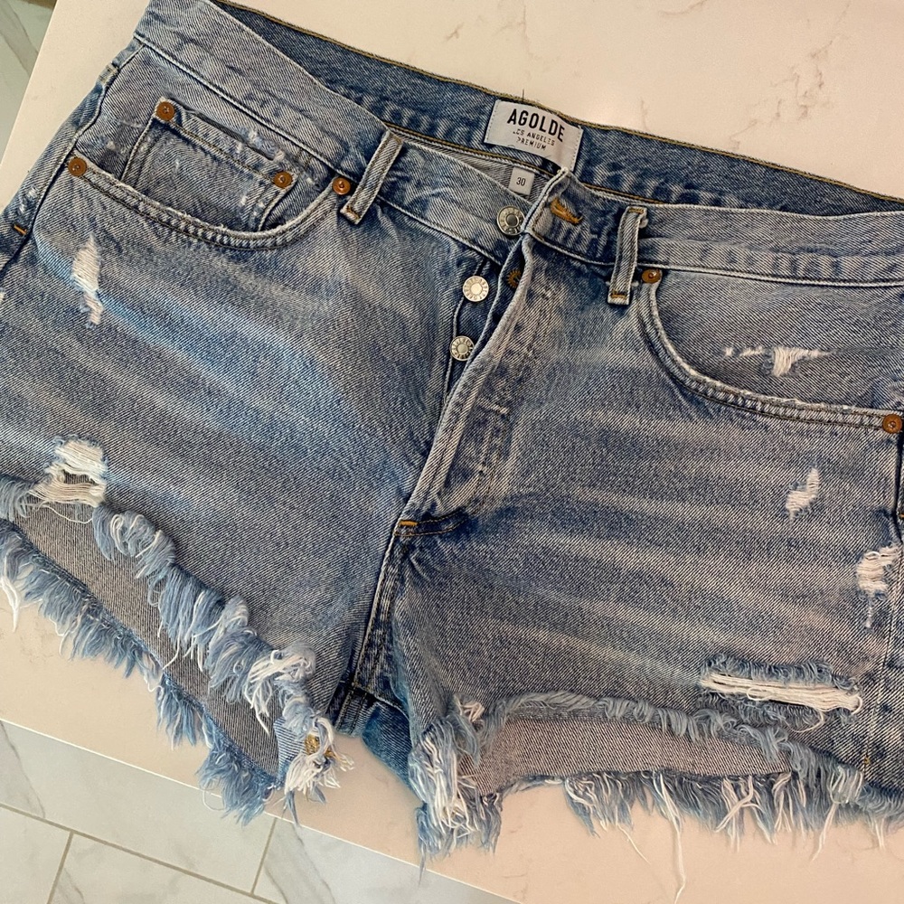 AGOLDE Light Blue Distressed Denim Jean Shorts